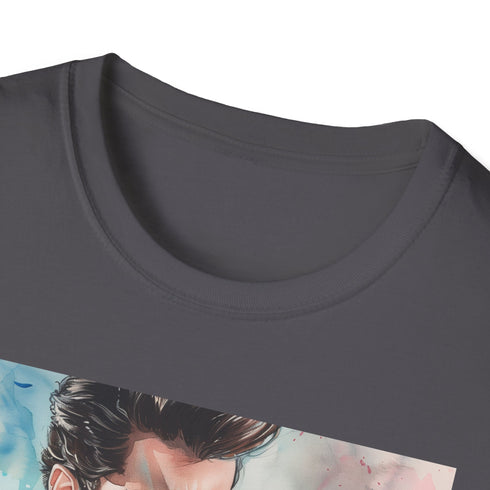 Charcoal crew neck t-shirt featuring watercolor Danny Zuko portrait