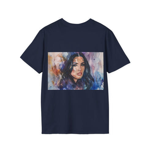 Watercolor Kim Kardashian tee, charcoal crew neck, regular fit summer t-shirt.