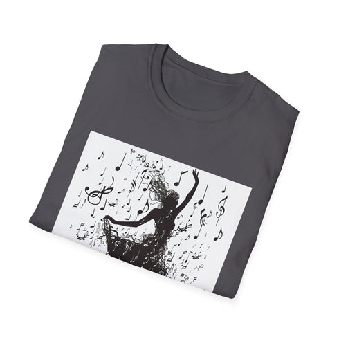 Charcoal cotton t-shirt with dancer silhouette and musical notes pattern