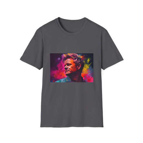 Cotton charcoal crew neck T-shirt with vibrant watercolor and neon strokes