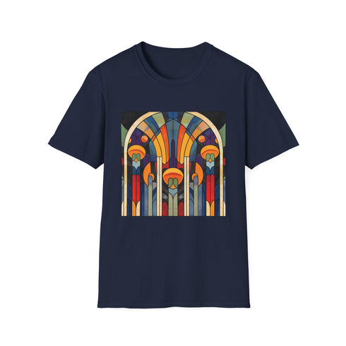 Geometric patterned charcoal cotton T-shirt evokes retro art deco style