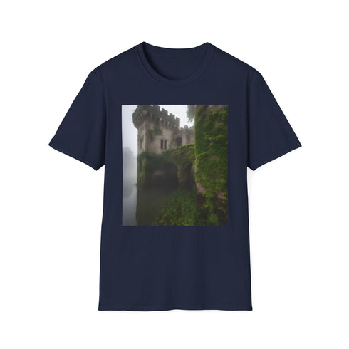Charcoal crew neck T-shirt with ancient stone medieval castle graphic