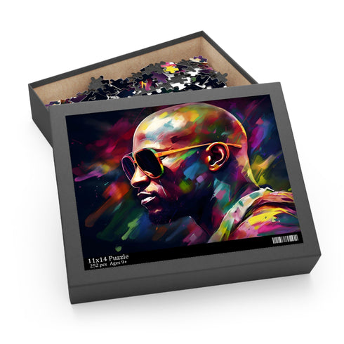 Vibrant watercolor puzzle featuring bald man in stylish sunglasses art.