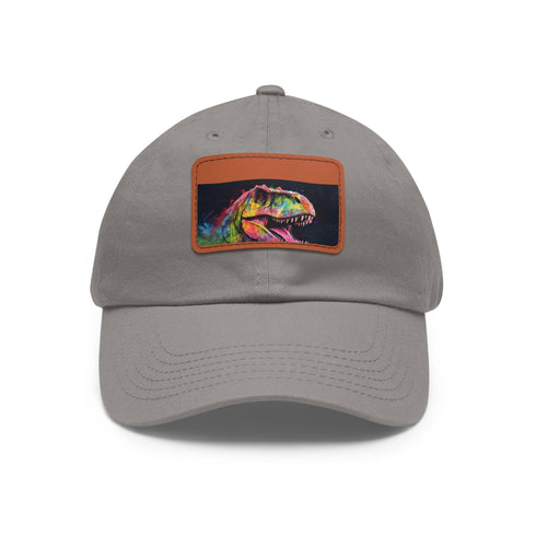 Dino Dreams Watercolor Neon Baseball Cap, White with Light Brown patch.