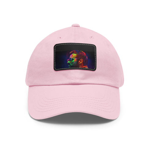 George Michael neon watercolor baseball cap in white with light brown patch.