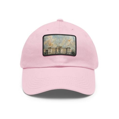Watercolor Buckingham Palace cotton cap with light brown rectangle patch.