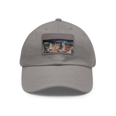 Vibrant neon nights Vegas baseball cap with light brown patch.