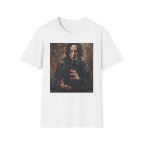 Painting of Severus Snape in vibrant charcoal on crew neck tee.