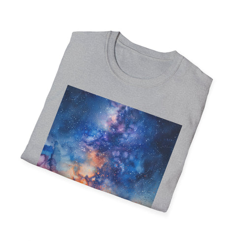 Charcoal cotton crew neck t-shirt with vibrant cosmic galaxy design