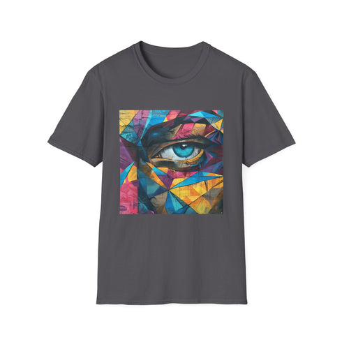 Navy urban street art t-shirt with bold lines and vibrant colors.