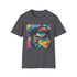 Navy urban street art t-shirt with bold lines and vibrant colors.