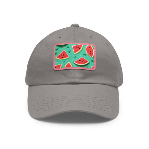 Watermelon Hawaiian print baseball cap with light brown patch.