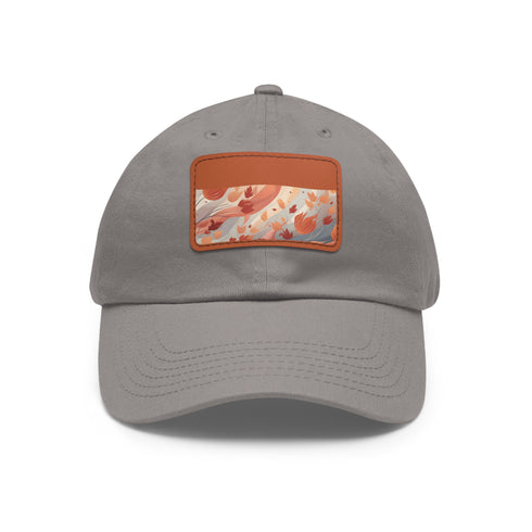 Autumn foliage patterned baseball cap in white with light brown patch.