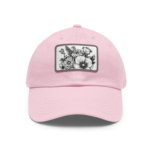 Colorful hand-drawn floral design on white baseball cap.