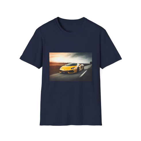 Charcoal cotton T-shirt featuring vibrant Lamborghini mid-race design evokes high-octane adventure