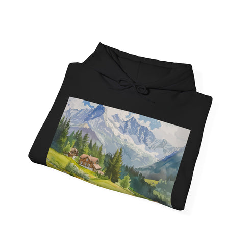 Swiss Alps navy hoodie with watercolor mountain design, unisex sizes.