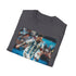 Textured charcoal cotton T-shirt with vibrant Messi Argentinian brushstroke design