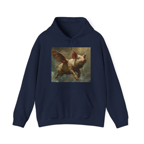 Whimsical navy hoodie featuring pigs flying, men’s/women’s unisex regular fit.