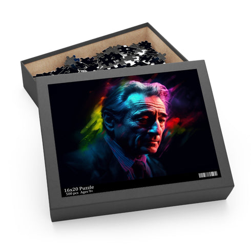 Challenging 120-piece jigsaw puzzle featuring iconic Robert De Niro face.