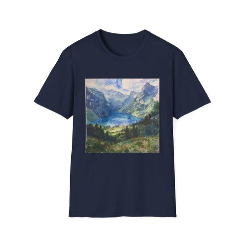 Watercolor Swiss Alps graphic charcoal cotton t-shirt in small size