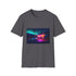 Charcoal cotton crew neck t-shirt featuring vibrant neon watercolor design