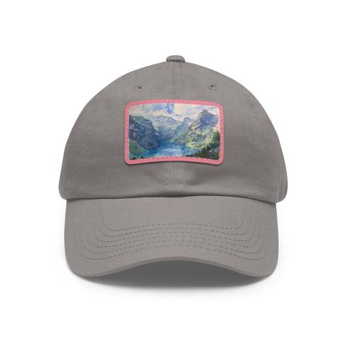 Alpine splendor Swiss Alps watercolor baseball cap in white/light brown rectangle.