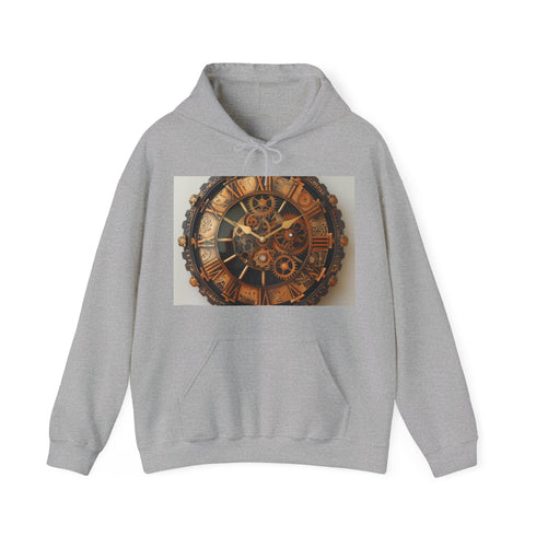 Navy clockwork hoodie with intricate steampunk gear design.
