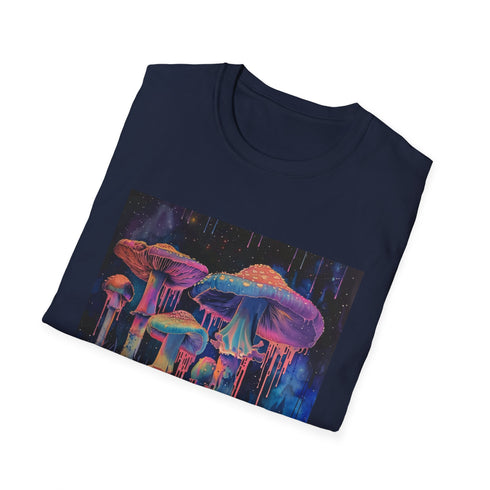 Charcoal cotton T-shirt with vibrant psychedelic mushroom design for summer wear