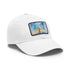 Watercolor Empire State Building skyline cap, white with light brown patch.