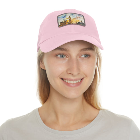 London skyline watercolor baseball cap in white with light brown patch.