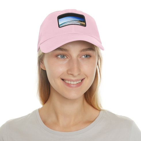 White baseball cap with Malibu beach image, unisex, cotton, vegan.