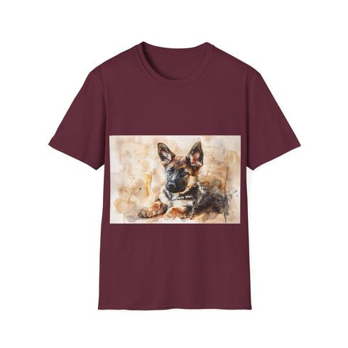 Watercolor German Shepherd tee in Charcoal, perfect for summer styling.