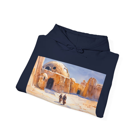 Galactic adventure navy hoodie with iconic Star Wars scenes.