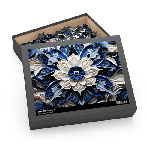 Blue porcelain texture puzzle with mesmerizing repeating pattern, 120 pieces.