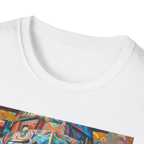 Charcoal crew neck T-shirt with neon tribal mask painting