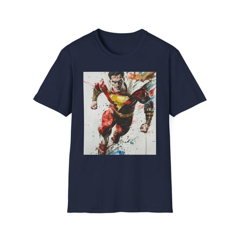 Shazam superhero graphic tee in charcoal for men and women.
