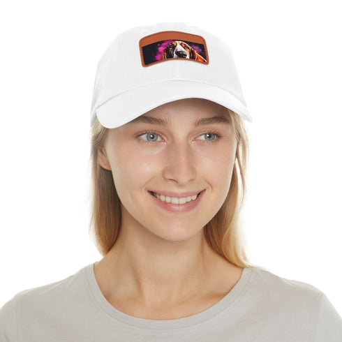 Basset Hound cap in white with light brown patch and basset hound embroidery.