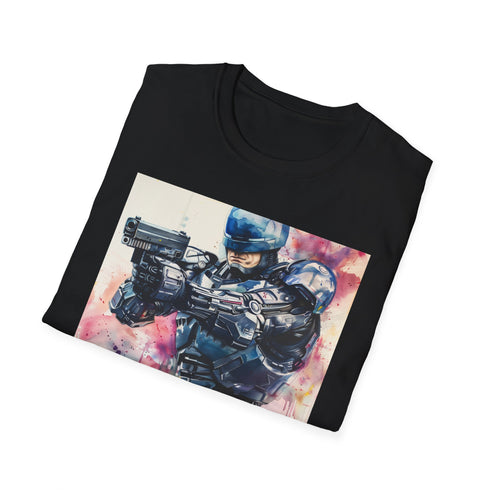 Iconic charcoal RoboCop T-shirt with cyborg policeman design.