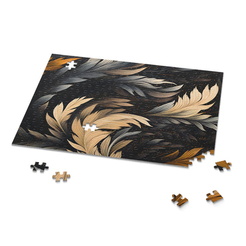 Intricate calligraphy strokes jigsaw puzzle with textura quadrata style patterns.