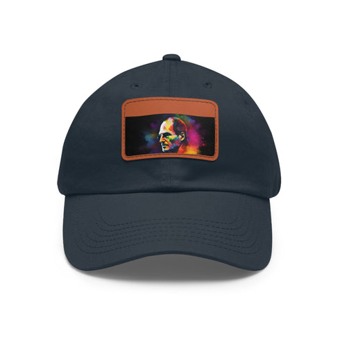 Neon watercolor Steve Jobs baseball cap, white with light brown patch.