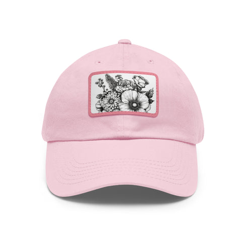 Colorful floral white baseball cap with whimsical hand-drawn blooms.