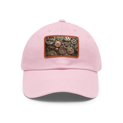 Steampunk cap with gears and cogs, white/light brown patch, rectangle shape.
