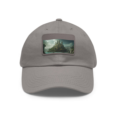 Stylish white cotton cap with Atlantis-inspired light brown patch.