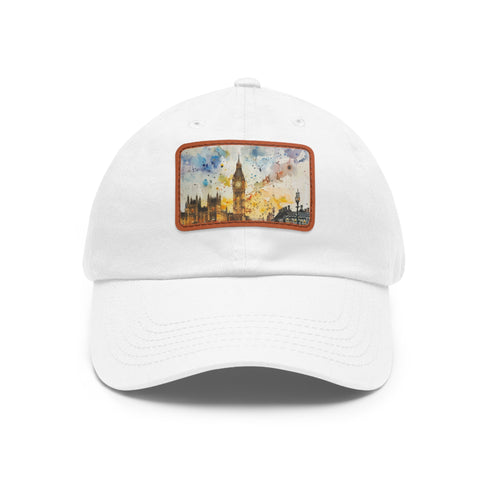 London Skyline Watercolor Baseball Cap in White with Light Brown Patch