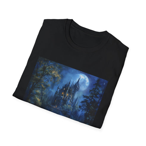 Charcoal DTG crew neck t-shirt with moonlit castle forest design