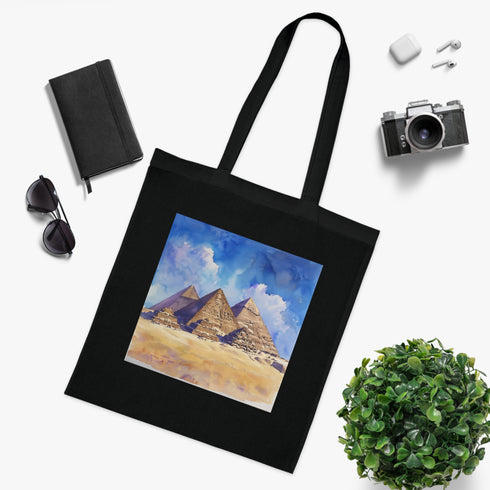 Ancient Wonders Tote Bag with Egyptian pyramid watercolor painting.