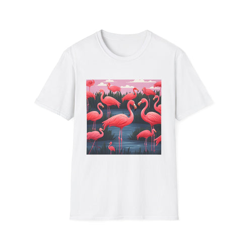 Charcoal Flamingo Flock Elegance Tee with pink flamingos and crew neck design