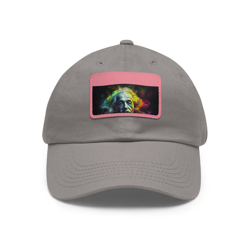 Vibrant Einstein watercolor baseball cap with neon lights on white.