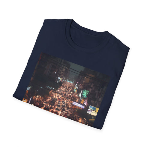 Charcoal cotton t-shirt with urban neon design evokes Bangkok’s energetic nightlife