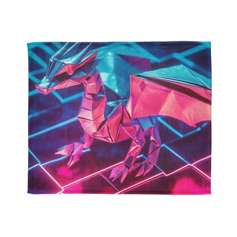 Origami Dragon over a Neon Grid Plush Fleece Throw Blanket